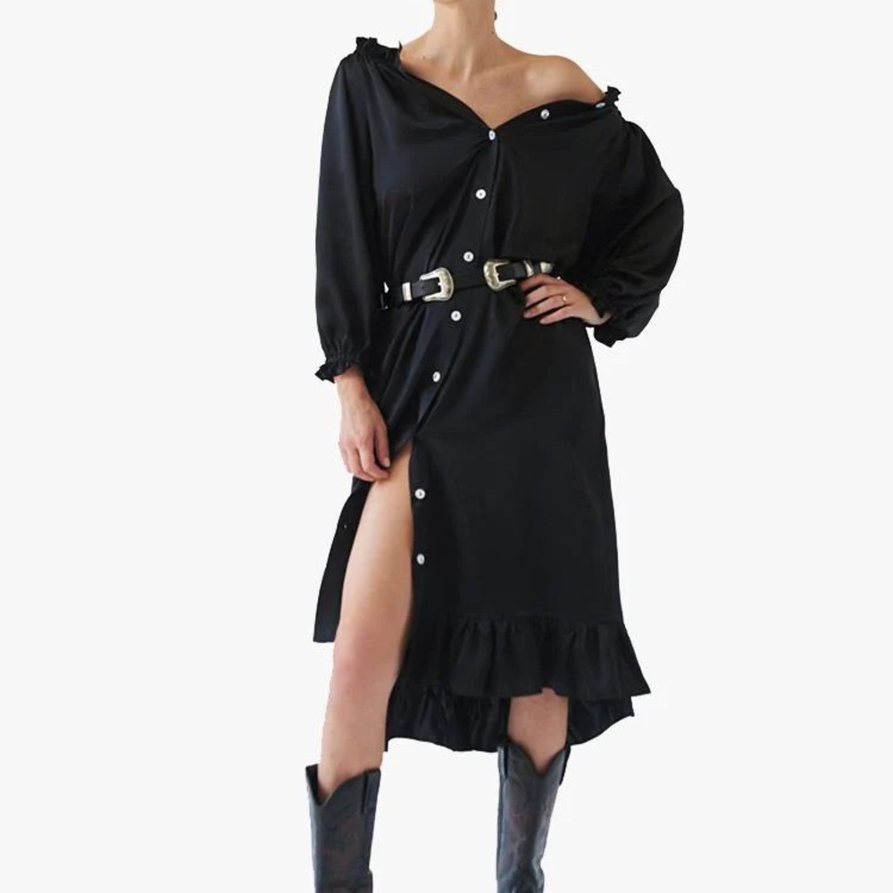 New! Sleeper Caviar Ruffled Off-Shoulder Black Button Front Midi Dress 🖤 OS - Picture 6 of 16